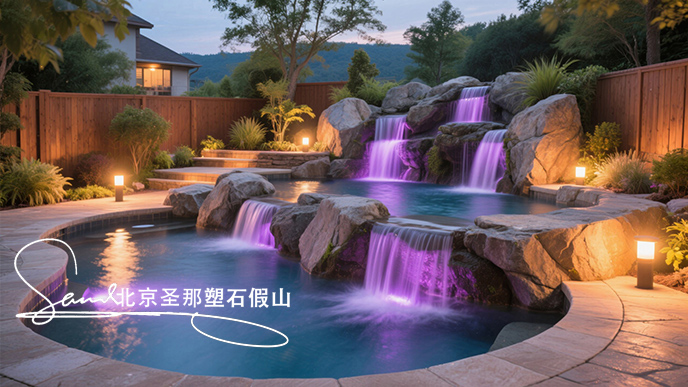 jimeng-2025-06-08-43-這是一座戶外景觀溫泉池。其造型設(shè)計獨特，以仿巖石形態(tài)構(gòu)建池壁，營造出自然的山石氛圍 ，搭配幾處小型瀑布，水流潺潺增添靈動之感。池內(nèi)有紫色燈光照明，營造出夢幻的....jpeg