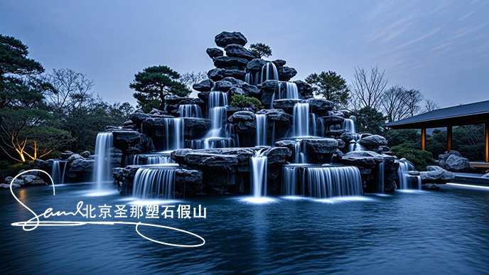jimeng-2025-06-08-901-這是一處富有特色的天然千層石的假山，石頭是和太湖石一樣有自然橫向紋理，是用真正的天然假山石頭制作，能有明顯的凸凹。水流從上層緩緩流下，落入下層的石池中。背景....jpeg