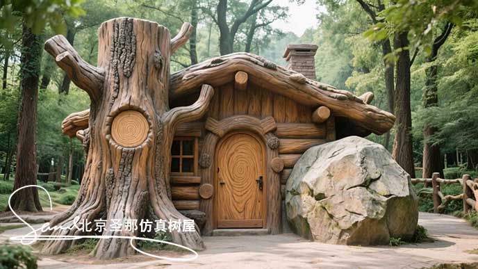 jimeng-2025-06-12-7046-水泥塑石仿木屋，一座造型獨(dú)特的建筑，外觀模仿了一段巨大的原木 。屋邊有一塊大石頭....jpeg