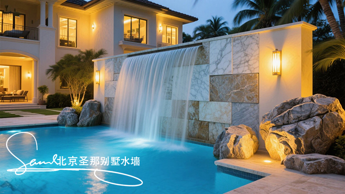 jimeng-2025-06-20-7537-這是一別墅處戶外大理石制作的平板水墻景觀。水墻由多種平面石板組成漂亮的效果。水從....jpeg