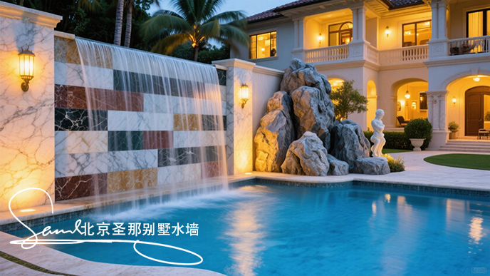 jimeng-2025-06-20-8482-這是一別墅處戶外大理石制作的平板水墻景觀。水墻由多種平面石板組成漂亮的效果。水從....jpeg