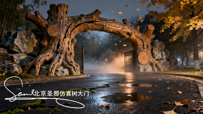 jimeng-2025-10-26-1700-這張圖片展示的是一處仿木景觀大門，屬于園林景觀造景的典型作品。 主體結(jié)構(gòu)：大門以....png