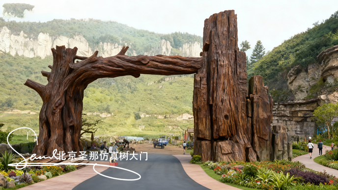 jimeng-2025-10-26-1872-一個主體顏色是自然暗棕色的仿樹樁造型的園林景觀入口，大門橫梁很厚重，整體迪士尼大....png